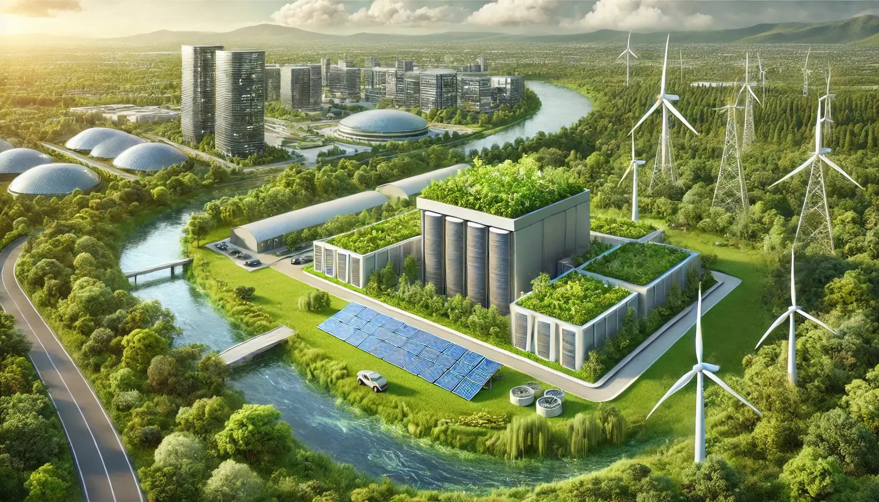 DALL-E 2025-02-26 10.51.08 - Eine realistische Landschaft, die das Konzept der Green IT darstellt. Ein modernes, umweltfreundliches Rechenzentrum ist in eine üppige, grüne Umgebung eingebettet. Solarpanels